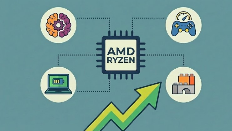 Ilustración de AMD Ryzen mostrando IA local, gaming, portátiles y crecimiento del rendimiento tras lo presentado en el CES 2026