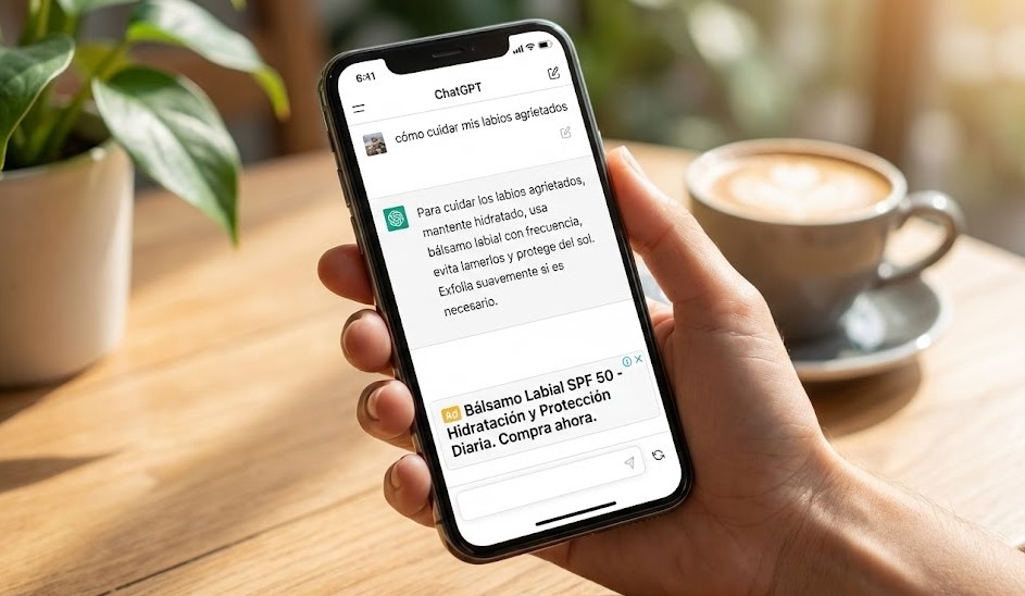 Teléfono móvil mostrando una conversación en ChatGPT con un anuncio patrocinado visible al final de la respuesta dentro del chat.