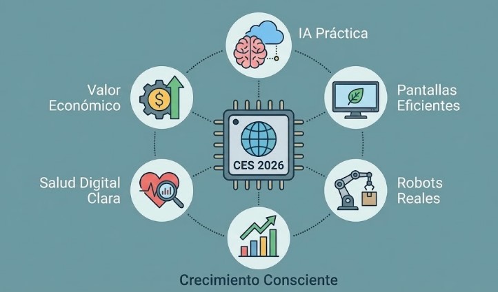Ilustración de CES 2026 que resume IA práctica, pantallas eficientes, robots reales, salud digital clara y enfoque en valor económico