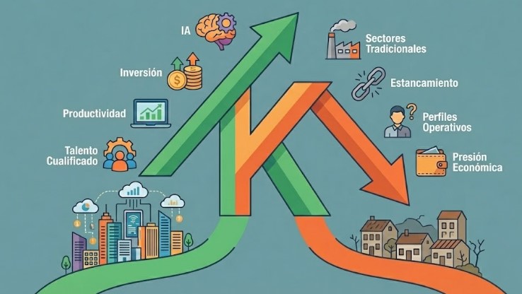 Economía en forma de K impulsada por IA con inversión y productividad en alza y sectores tradicionales en estancamiento y presión económica