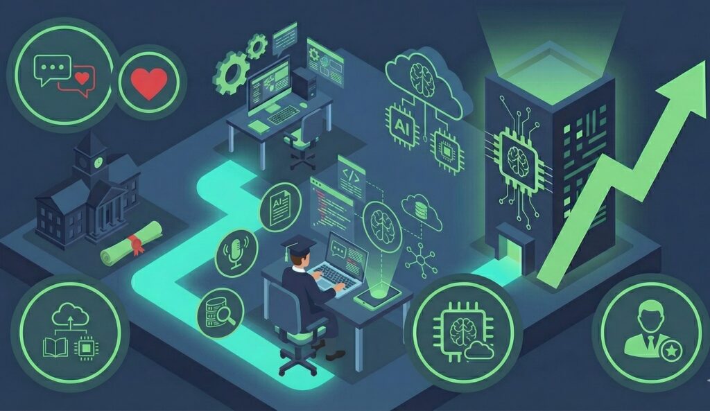 Ilustración del aprendizaje universitario con inteligencia artificial, mostrando formación continua, habilidades humanas y entornos digitales.