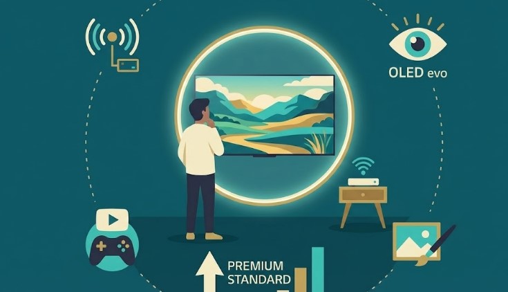 Ilustración de LG Wallpaper TV con conexión inalámbrica, tecnología OLED evo y enfoque en experiencia premium sin cables visibles