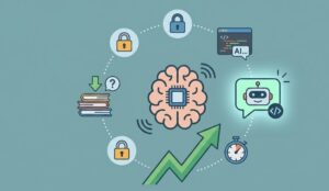 Ilustración de IA integrada al desarrollo de software con código, chatbots y seguridad reemplazando búsquedas en Stack Overflow