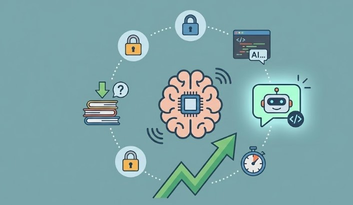 Ilustración de IA integrada al desarrollo de software con código, chatbots y seguridad reemplazando búsquedas en Stack Overflow