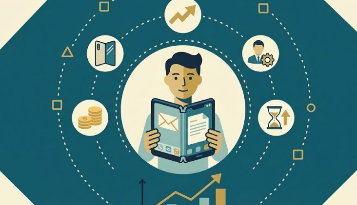 Usuario leyendo contenido digital mientras analiza estrategias de mercado y adopción de tecnología móvil premium en la industria de smartphones