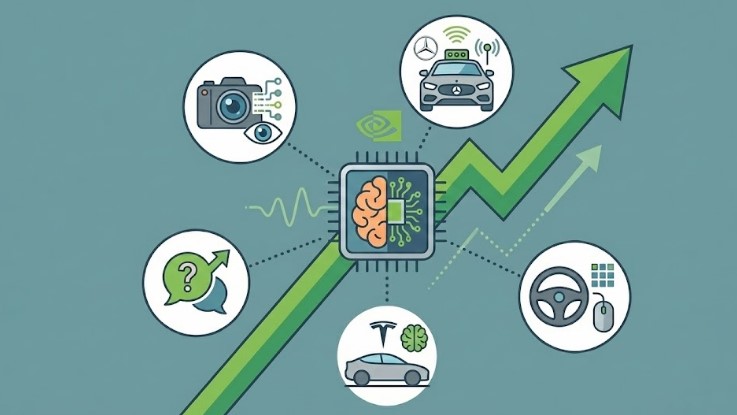 Sistema de conducción autónoma de NVIDIA con IA que analiza sensores, cámaras y datos del vehículo para tomar decisiones de manejo en tiempo real
