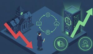 Ilustración sobre la transformación de las universidades frente a la inteligencia artificial y el aprendizaje continuo a lo largo de la vida.