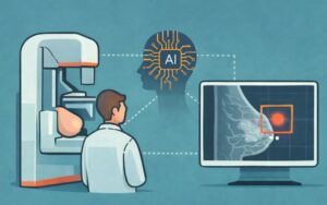 Ilustración de inteligencia artificial apoyando la detección del cáncer de mama mediante análisis de mamografías en un entorno clínico