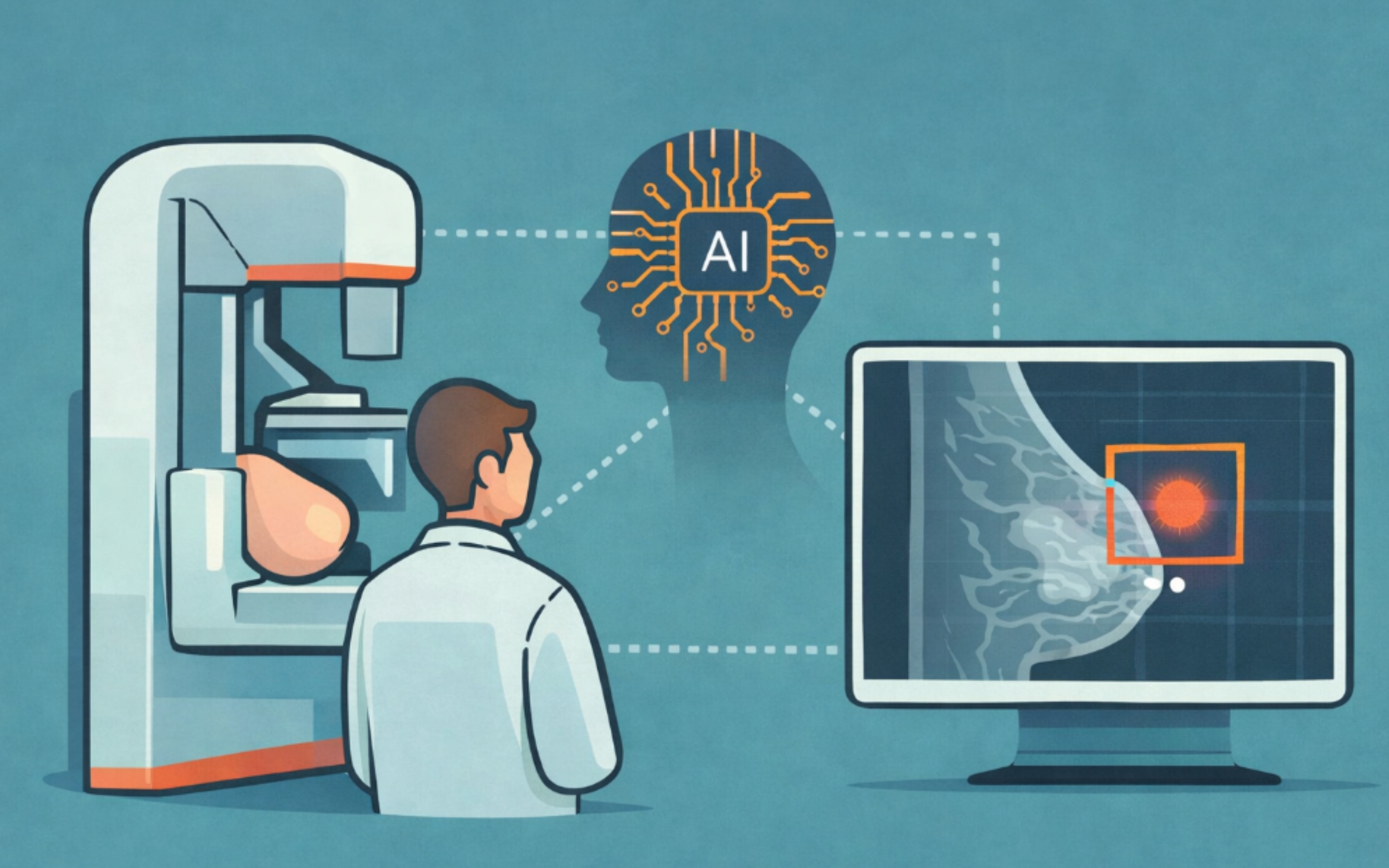 Ilustración de inteligencia artificial apoyando la detección del cáncer de mama mediante análisis de mamografías en un entorno clínico
