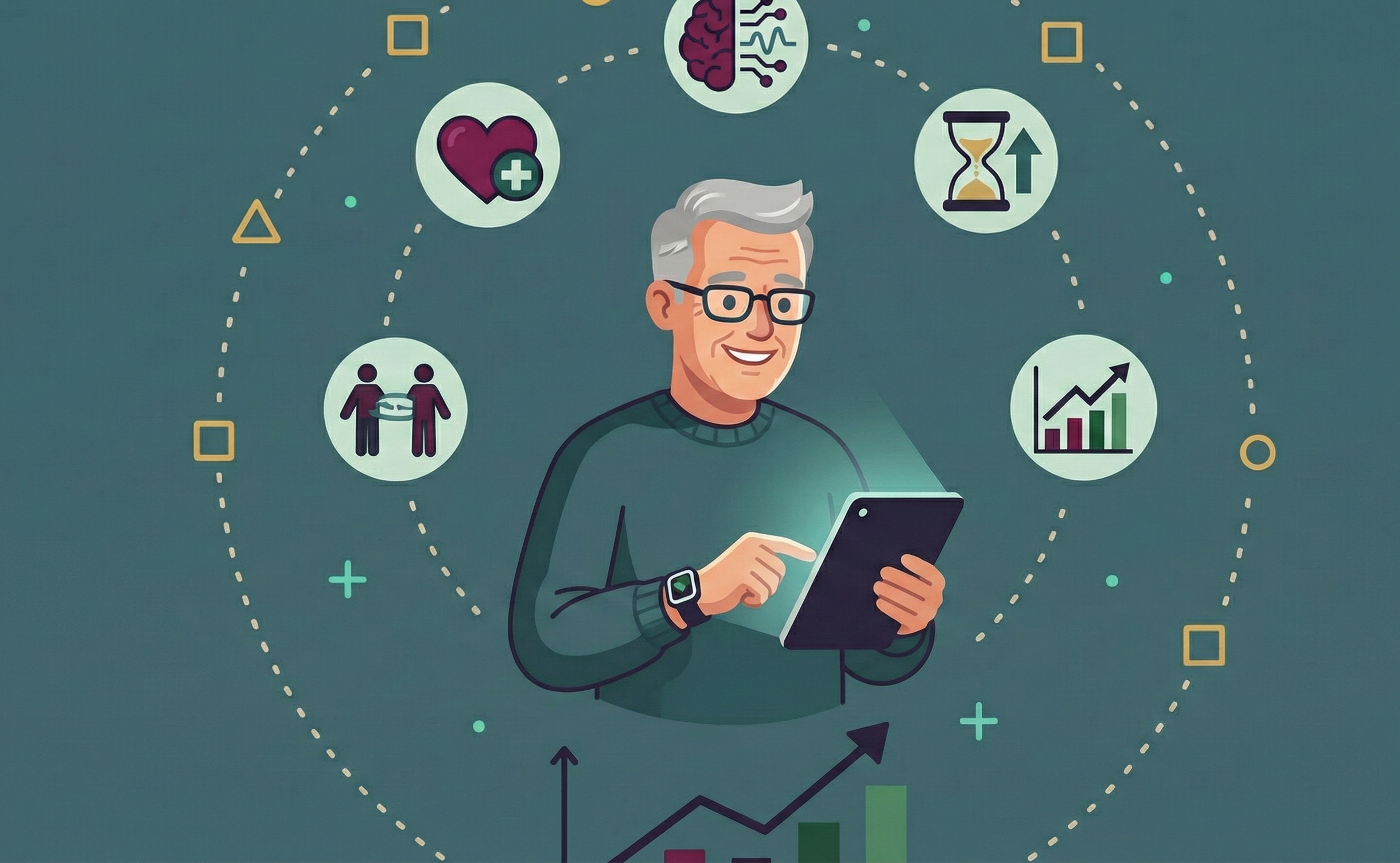 Adulto mayor usando una tablet con íconos de salud, datos y crecimiento que representan tecnología enfocada en longevidad y bienestar digital