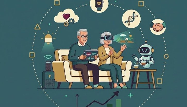 Pareja de adultos mayores usando tecnología digital en casa con iconos de salud, genética e inteligencia artificial ligados a longevidad