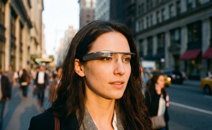 Fotografía de una mujer joven con cabello oscuro usando las gafas inteligentes Google Glass Explorer Edition mientras camina por una concurrida calle urbana al atardecer.