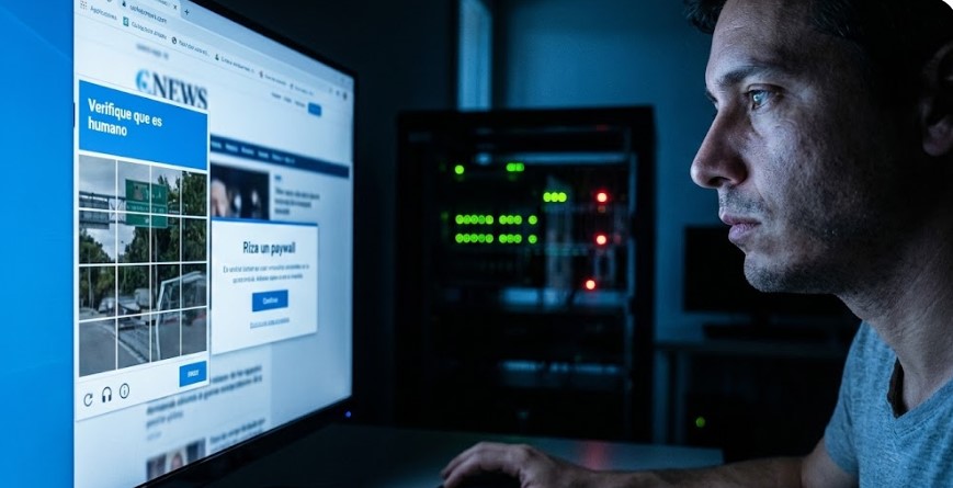 Usuario humano cansado verifica su identidad con un CAPTCHA frente a un muro de pago en una web de noticias nocturna.