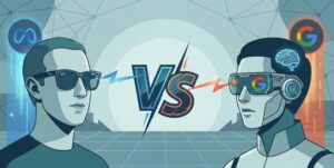 Ilustración vectorial que muestra el enfrentamiento entre el diseño de Meta y la tecnología de Google en la guerra por las futuras gafas IA.