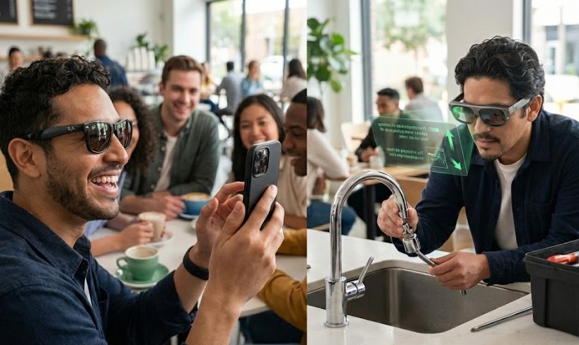 Comparativa visual donde un hombre latino disfruta el uso social de gafas estilo Meta mientras otro utiliza la realidad aumentada de Google para reparar una tubería
