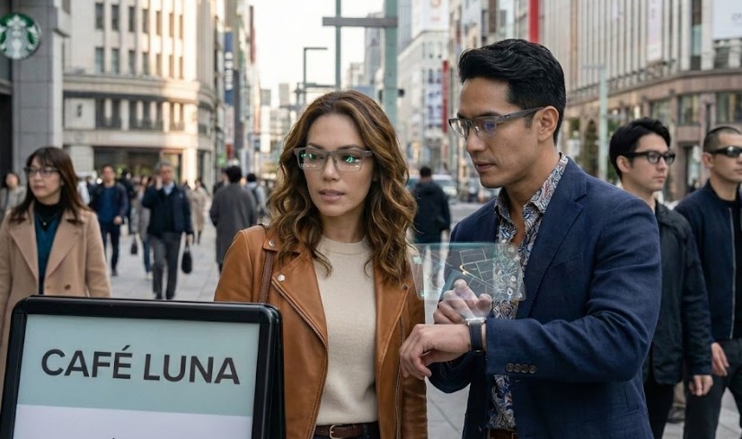 Pareja usando gafas inteligentes con interfaz holográfica futurista en una calle urbana moderna.