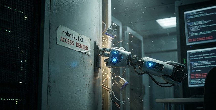 Gemini said
Brazo robótico rompiendo una puerta con aviso robots.txt, ilustrando cómo la IA viola las normas de privacidad web.