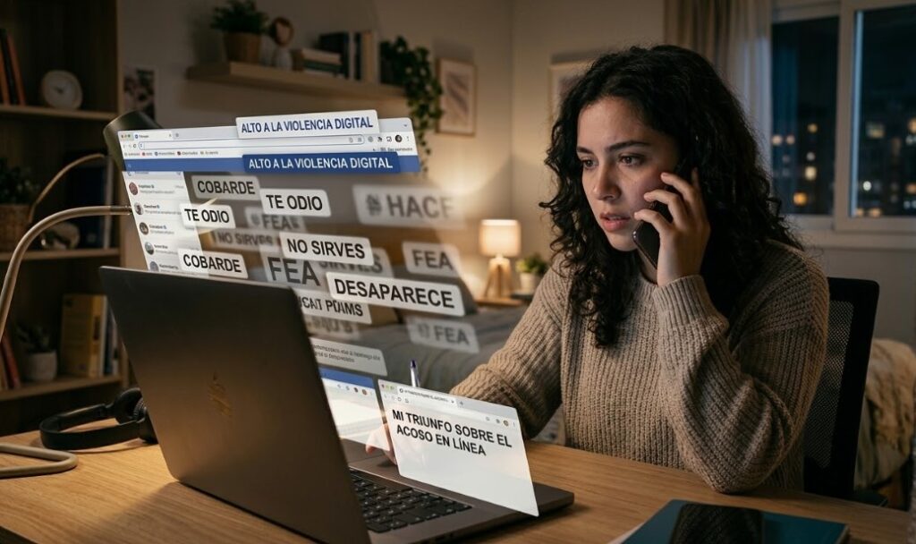 Fotografía de una mujer lidiando con acoso digital mientras habla por teléfono.