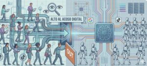 Personas digitales, robots y IA con cartel central "ALTO AL ACOSO DIGITAL" y portal de salida, representando acuerdo de México.