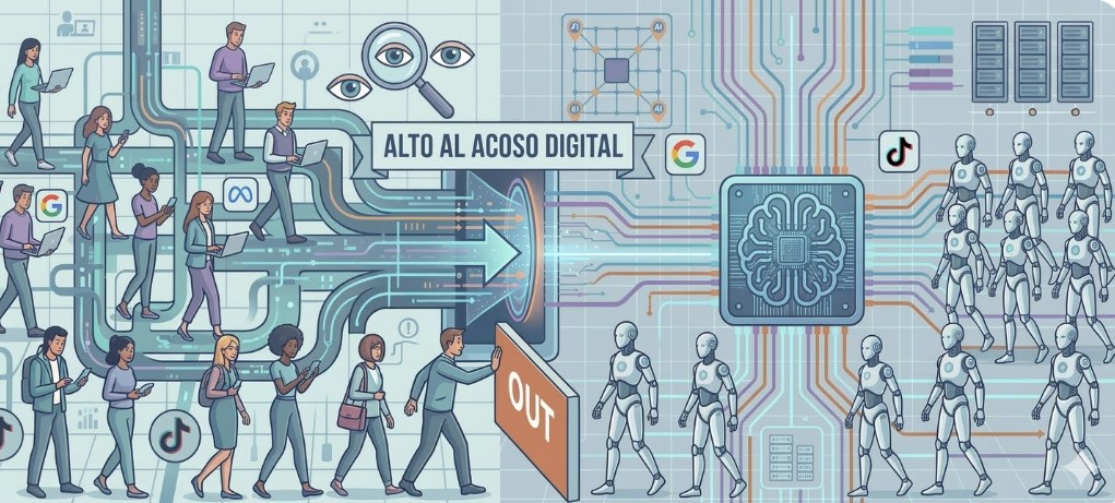 Personas digitales, robots y IA con cartel central "ALTO AL ACOSO DIGITAL" y portal de salida, representando acuerdo de México.