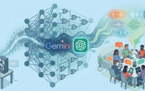 Ilustración de la evolución de voz IA, con logos de Gemini y ChatGPT uniendo datos y diálogos humanos.