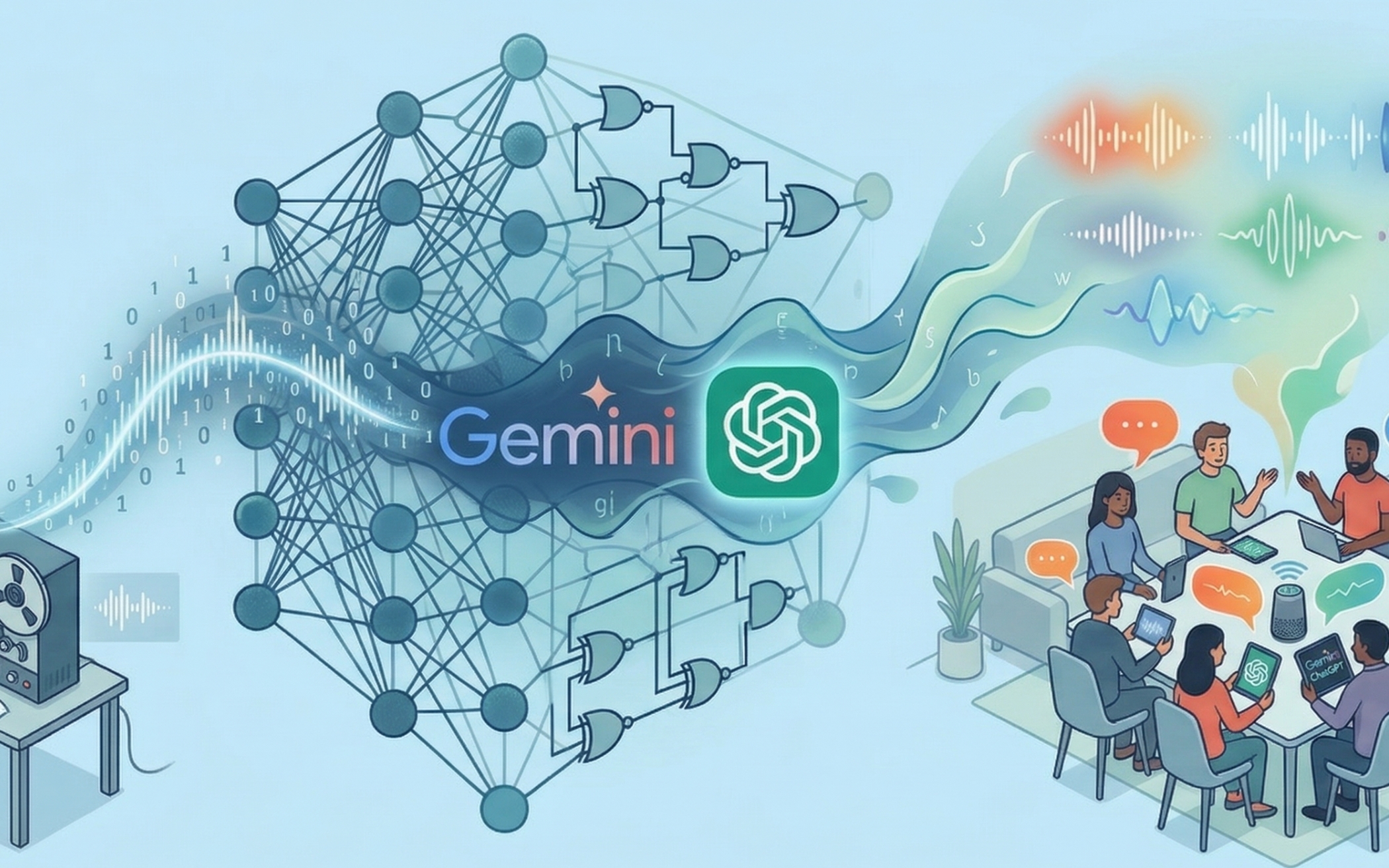 Ilustración de la evolución de voz IA, con logos de Gemini y ChatGPT uniendo datos y diálogos humanos.