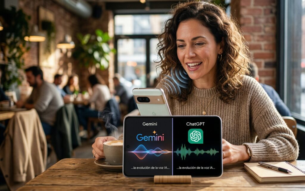 Mujer charlando con celular y tablet mostrando ondas de voz y logos de Gemini y ChatGPT, ilustrando la evolución de la voz IA.